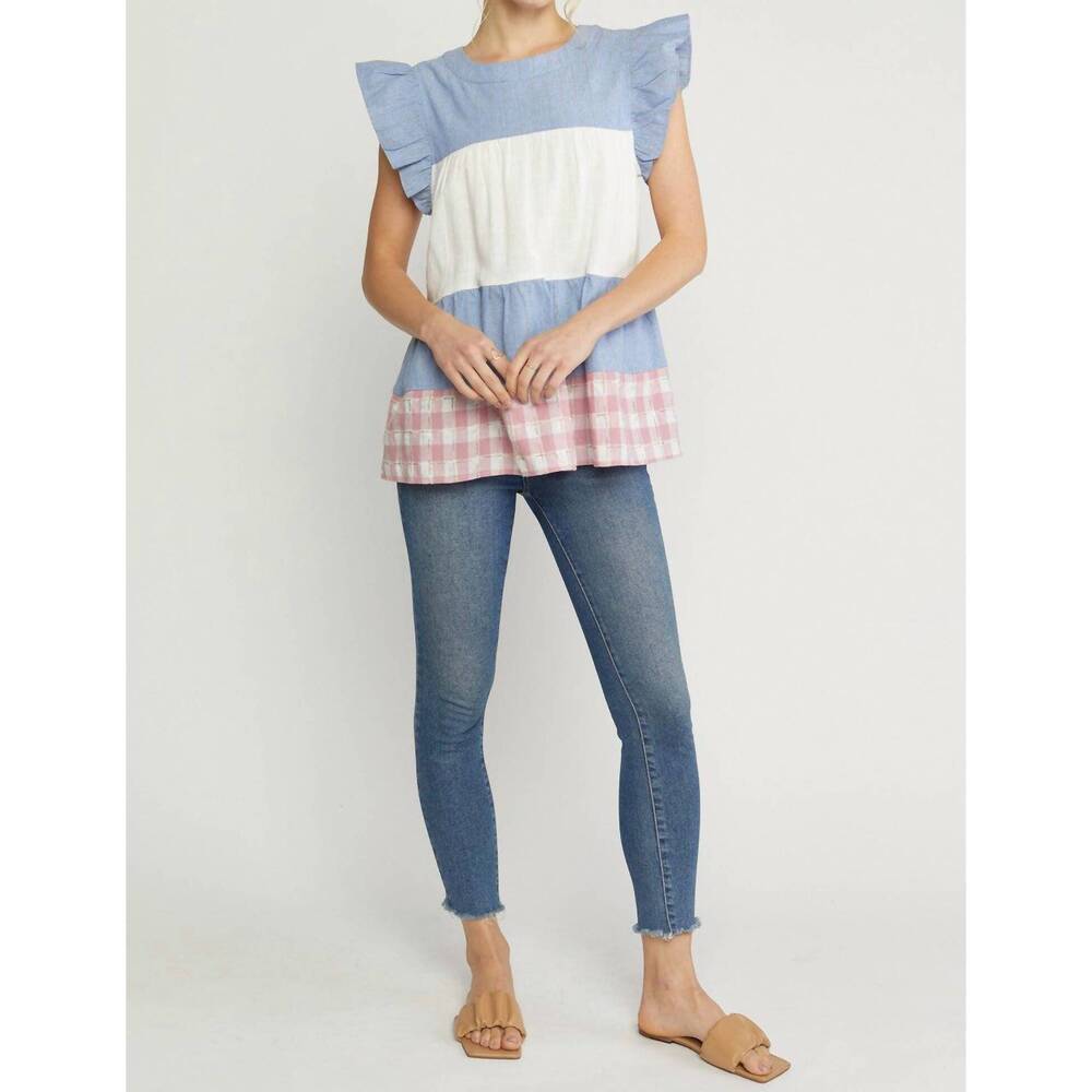 NEW ENTRO mixed print tiered top in blue - Picture 8 of 8